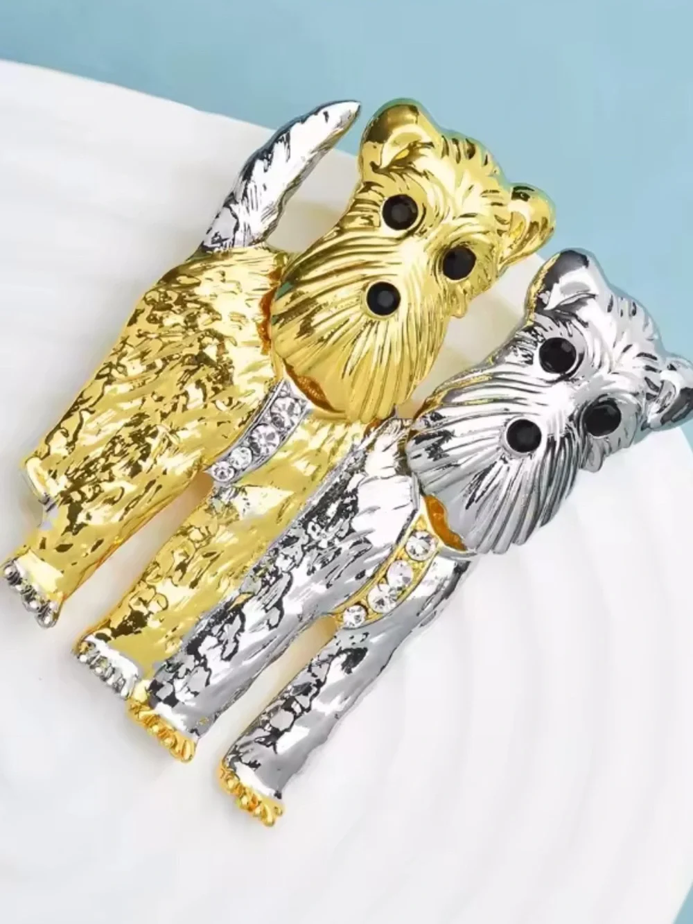 Cute Terrier Dog Gold & Silver Crystal Puppy Statement Brooch